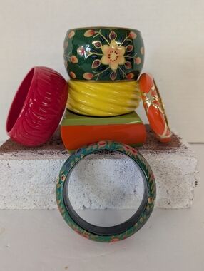 Bracelet Bundle Of 6 Hand-Painted Green Floral Bangle Vibrant Summer Colors